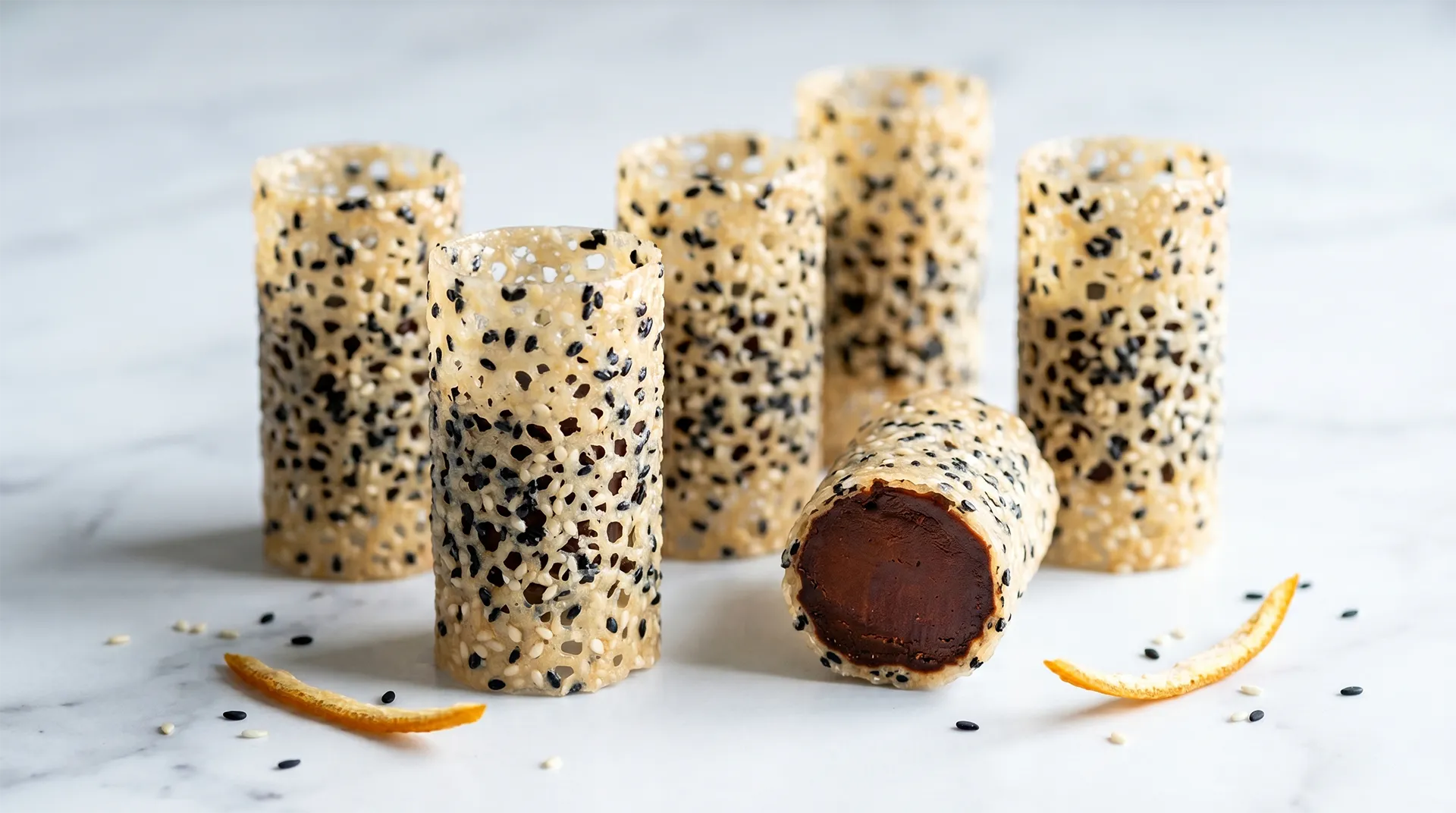 Sesame Florentine Cylinders with Miso-Orange Dark Chocolate Ganache